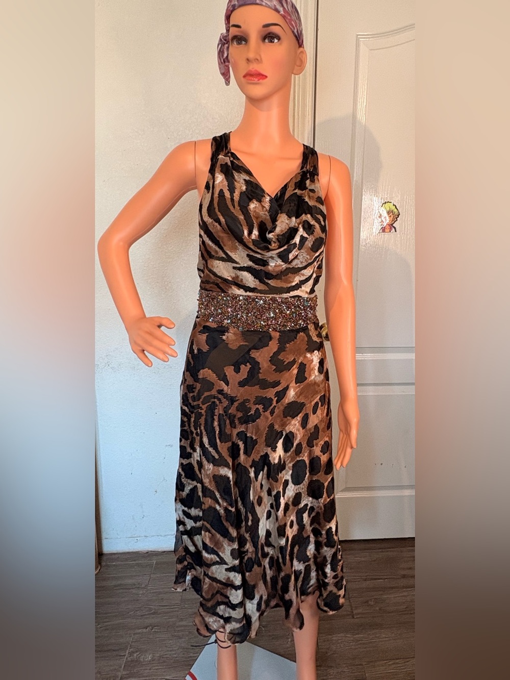 Nina Austin Brown and Black Animal-Print Maxi Dress with Beaded Waist